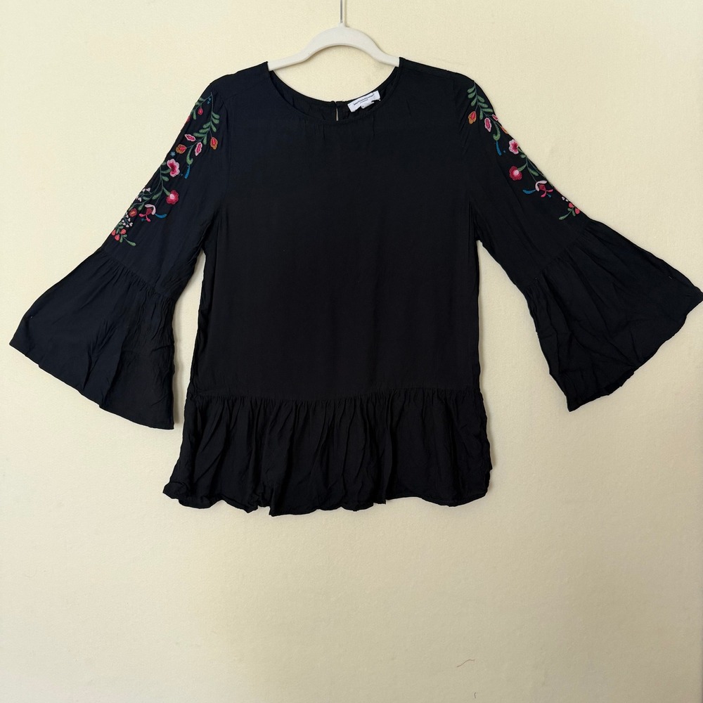 Beachlunchlounge Black Embroidered Bell Sleeve Peplum Blouse Top Womens Medium